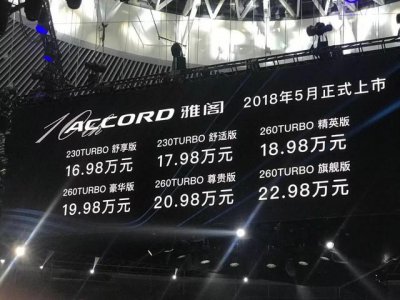 ​第十代雅阁售价16.98-22.98万元，1.5T豪华感十足